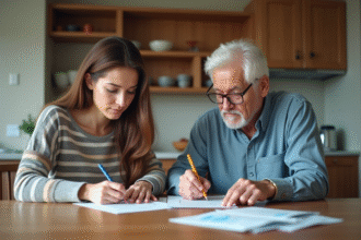 Femme et père signant des documents dans la cuisine moderne