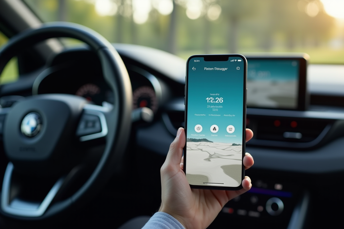 Tableau de bord de voiture avec smartphone affichant une application d