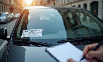 Voiture garée avec vignette technique expirée sur le pare-brise