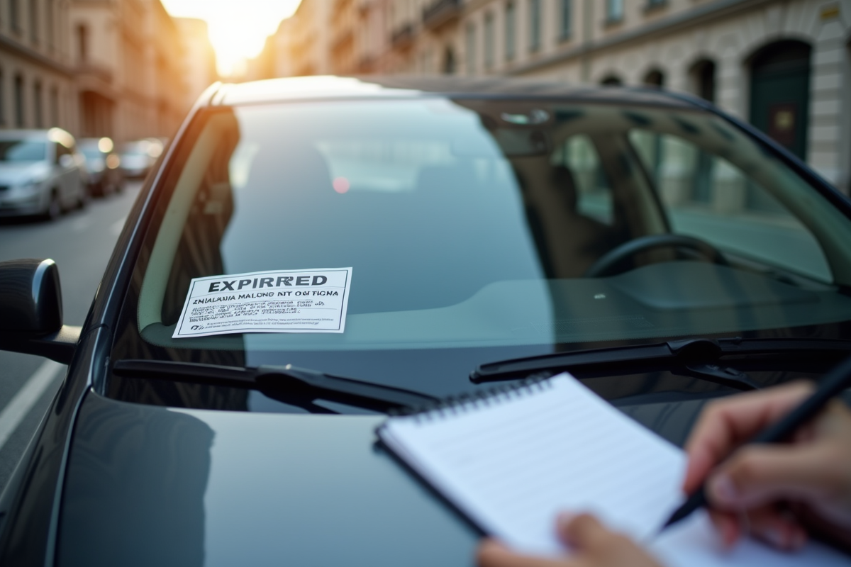 Voiture garée avec vignette technique expirée sur le pare-brise