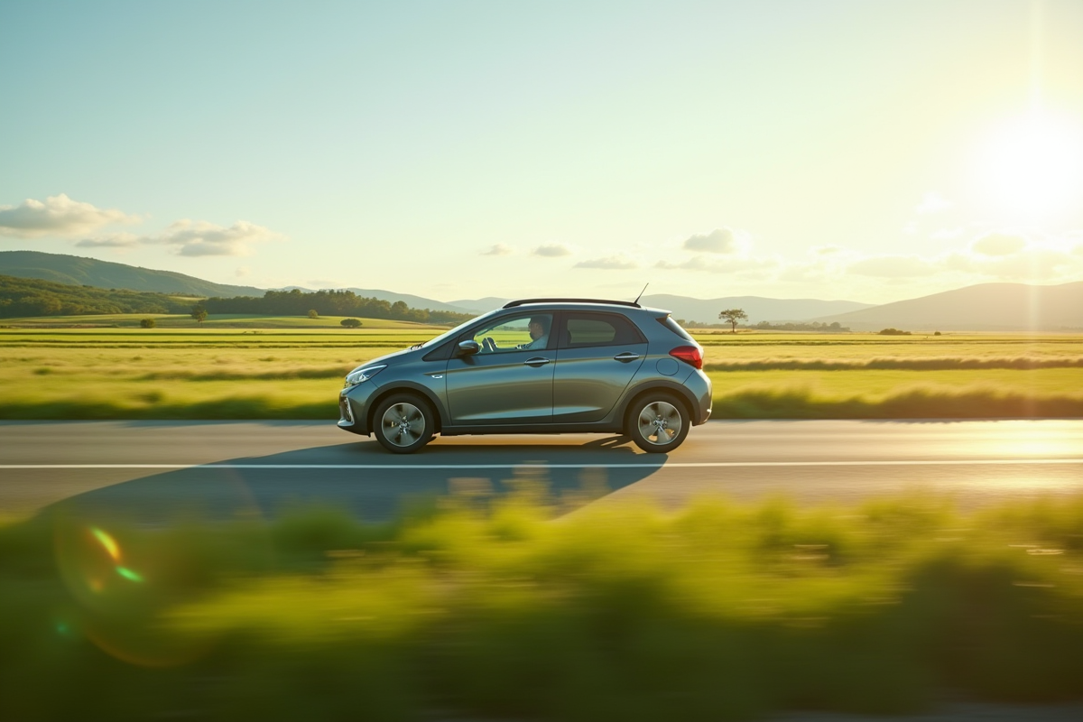 Voiture électrique économique en campagne avec paysage verdoyant