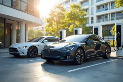 Voiture électrique moderne à côté d'une diesel dans une station de recharge