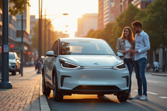 Voiture électrique compacte et moderne en ville avec couple souriant
