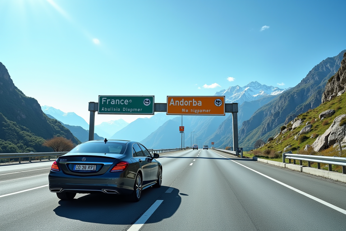 Voiture européenne à la frontière France Andorre sous un ciel bleu